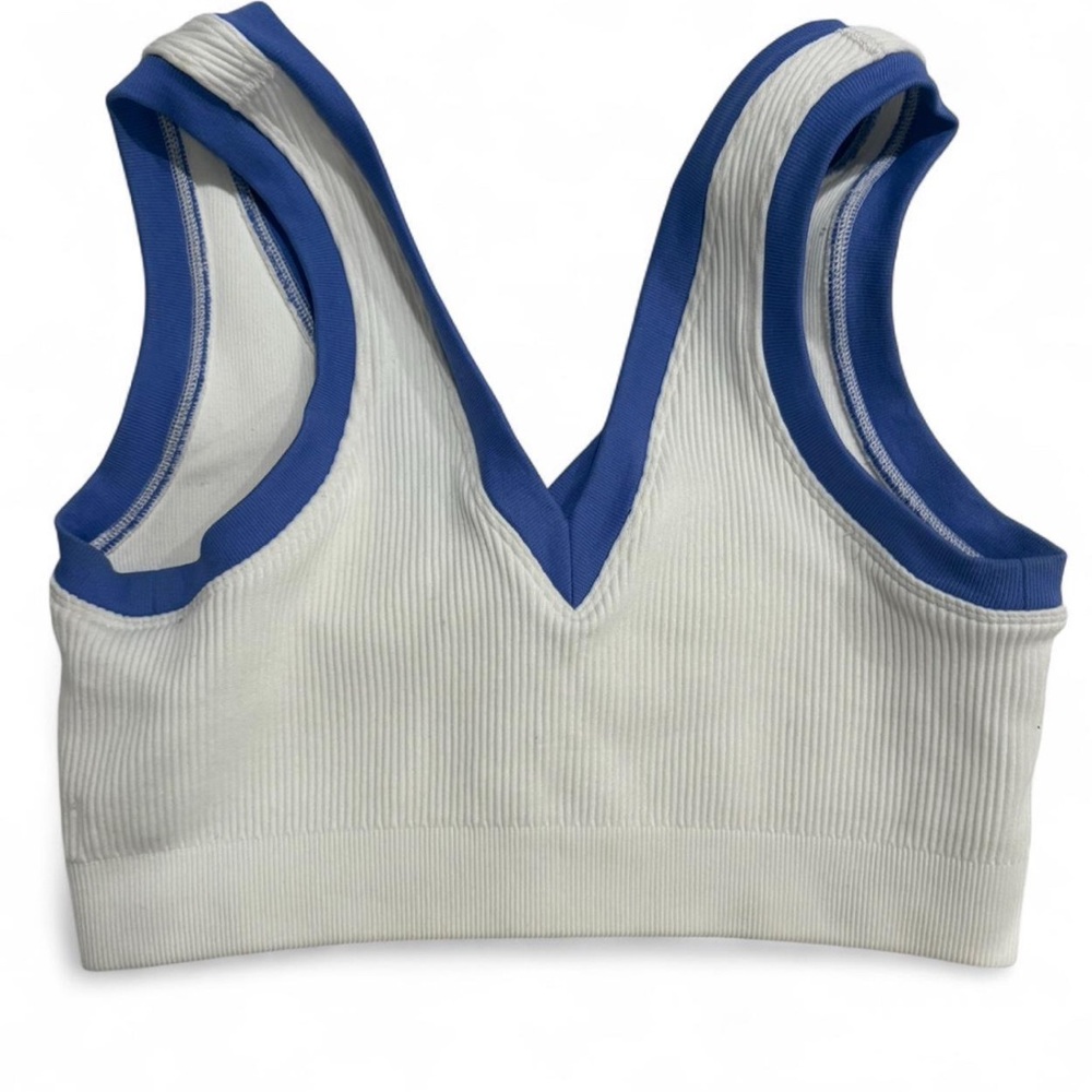 Aerie Ribbed V-Neck Sports Bra - White and Blue